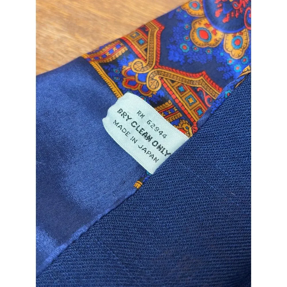 80s Vintage Bill Blass Navy + Orange Patterned 100% Silk + Wool Rectangle Scarf